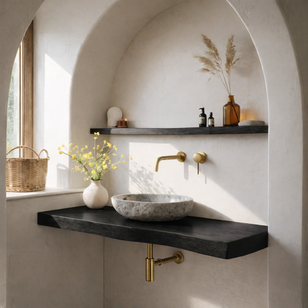 Solid Wood Floating Bathroom Vanity Shelf with Rustic Natural Finish Kitchnce