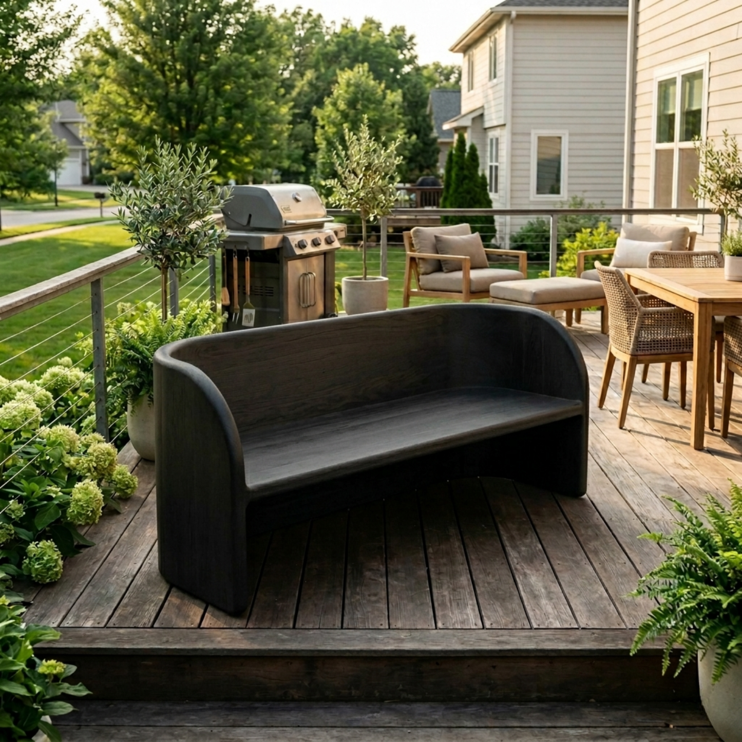 Solid Wood Outdoor Bench with Curved Backrest Sculptural Wraparound Design