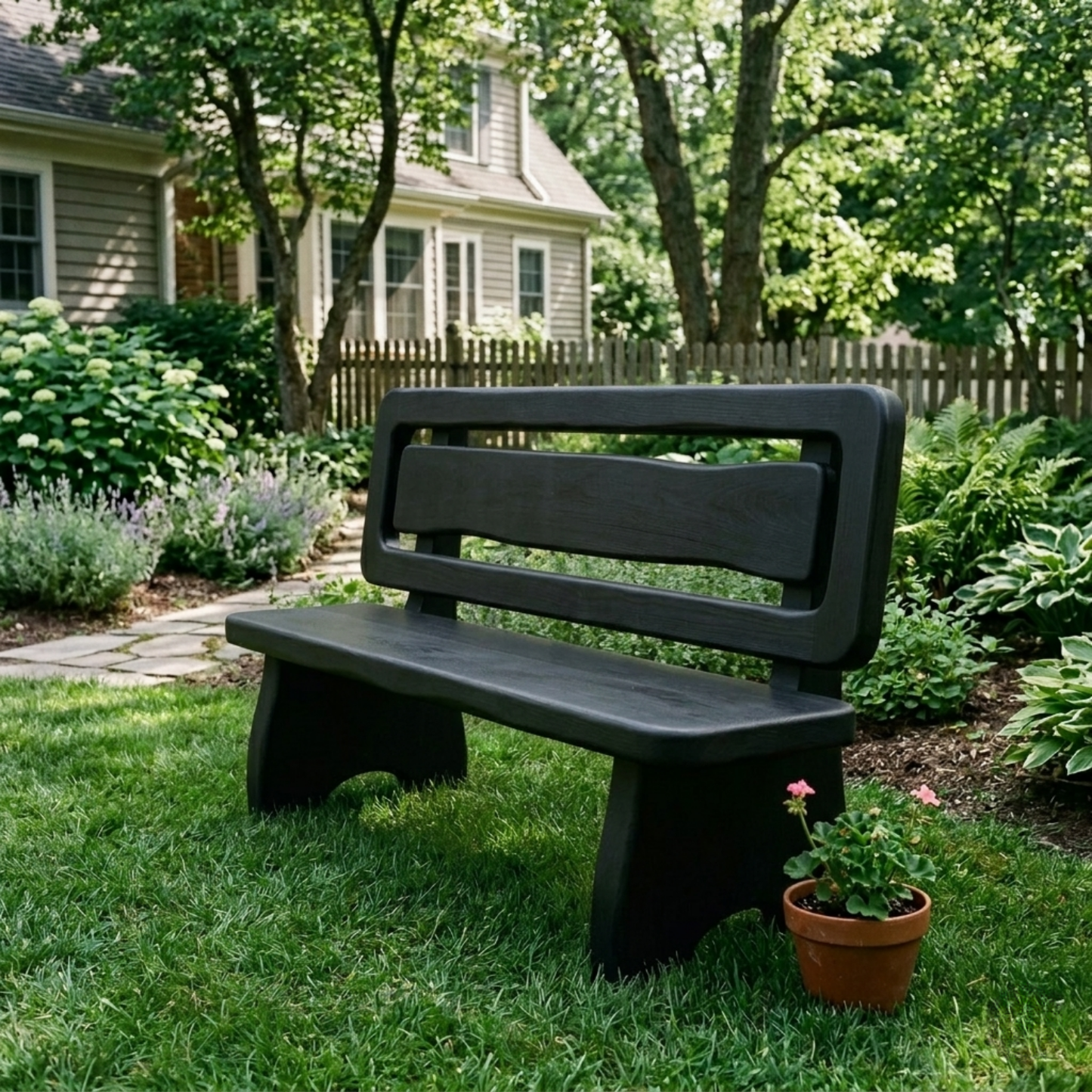 Solid Wood Outdoor Bench with Double Slat Back Modern Garden Patio Seating