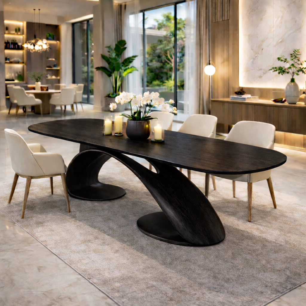 Solid Wood Oval Dining Table with Sculptural Base