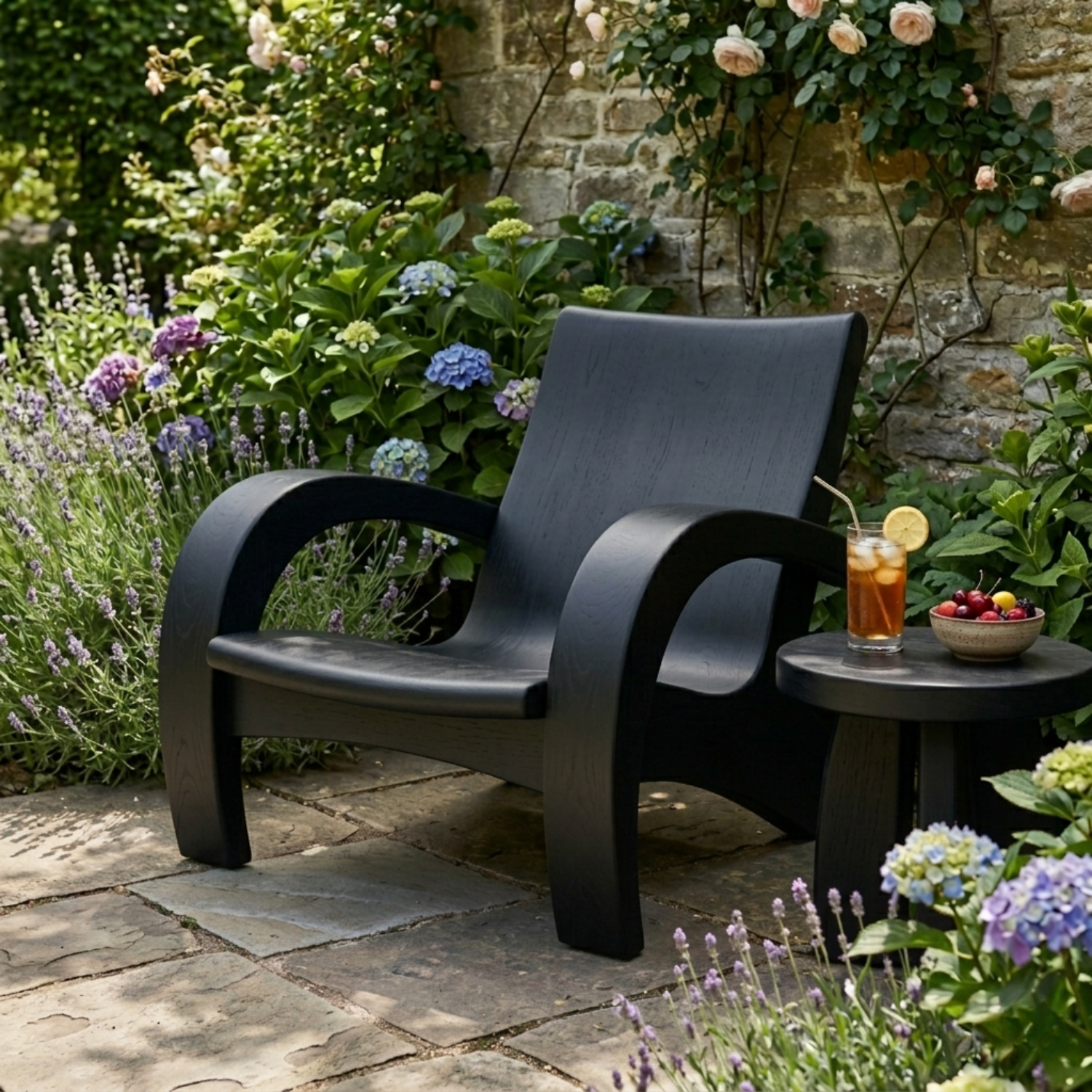 Modern Solid Wood Lounge Chair with Curved Armrests for Indoor & Outdoor Use