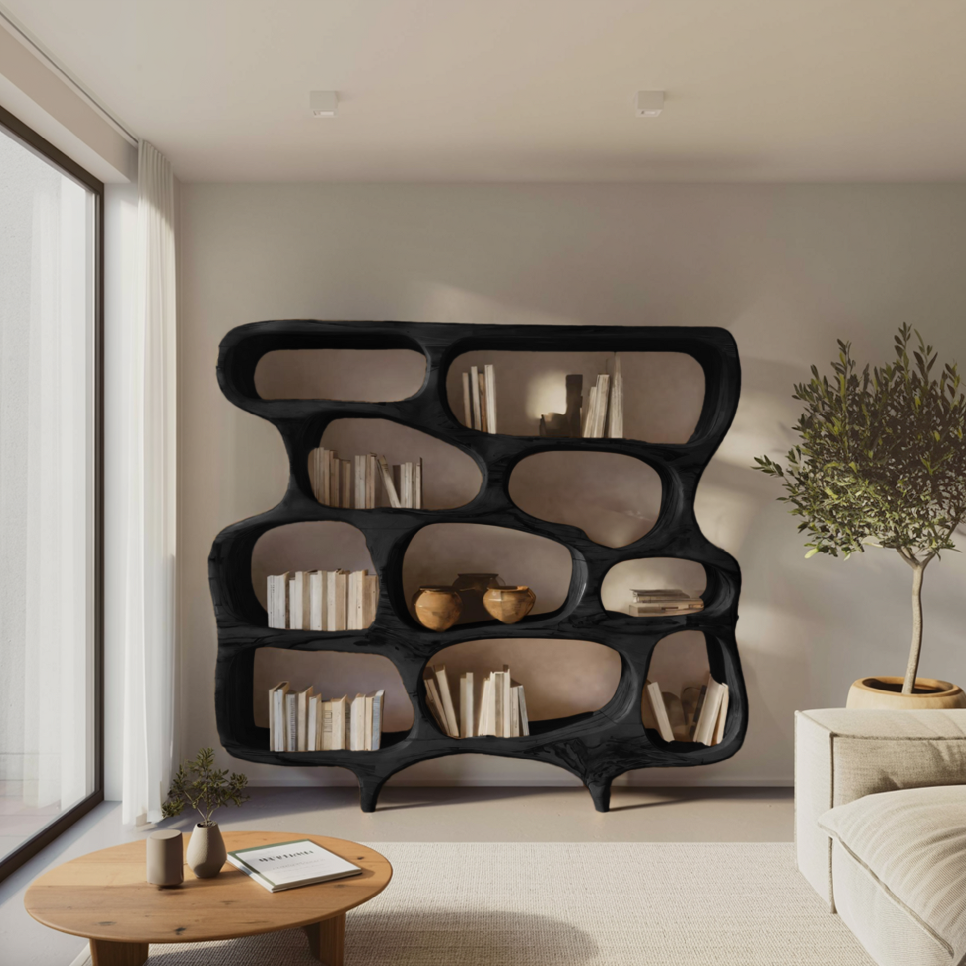 Artistic Bookshelf With Curved Design For Living Room Interior Kitchnce