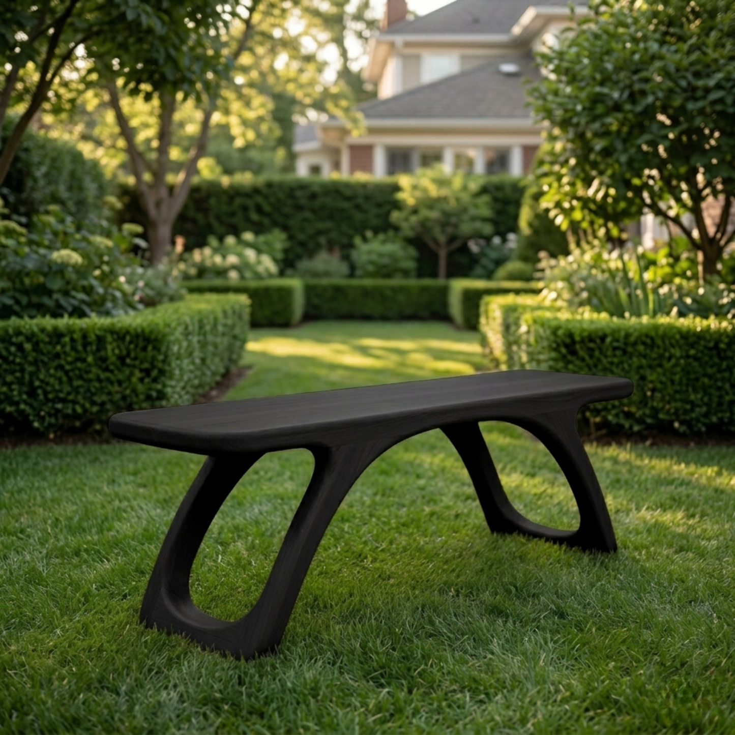 Solid Wood Outdoor Bench with Sculptural Cut-Out Legs and Organic Curved Frame