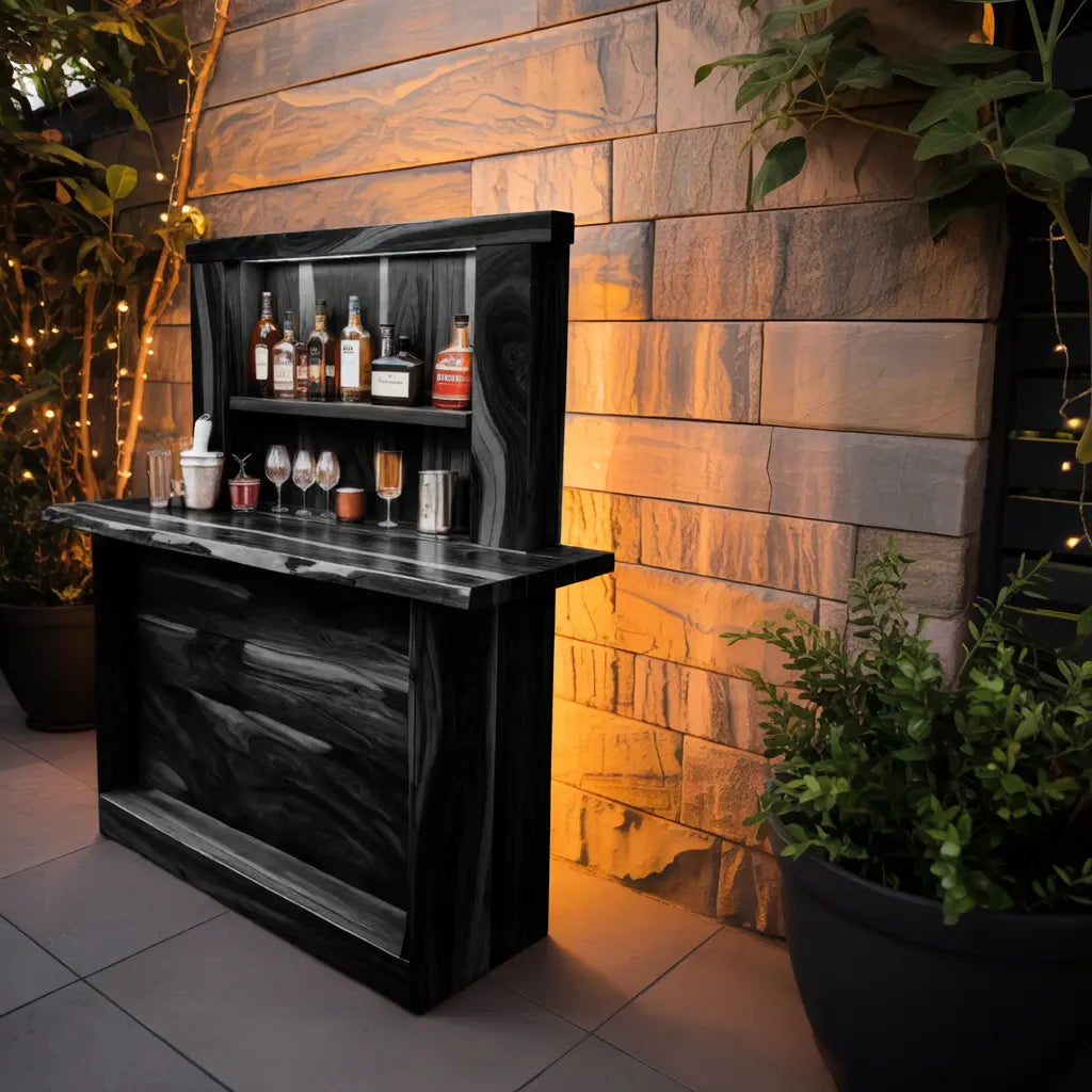 Live Edge Wall Mounted Outdoor Bar With Shelf And Lights For Patio Or Garden Kitchnce