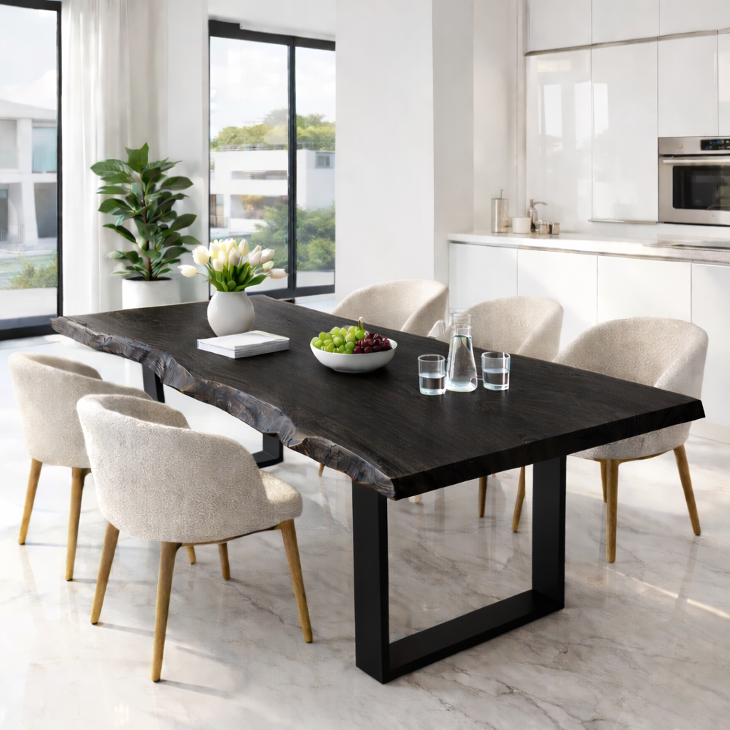 Live Edge Walnut Dining Table with Black Metal U-Shape Legs