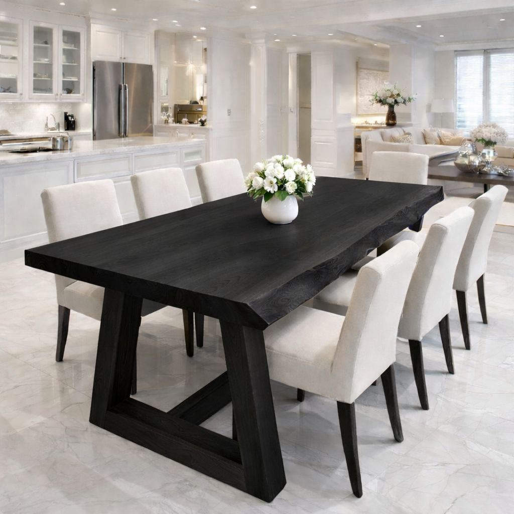 Handcrafted Solid Wood Live Edge Dining Table with Wooden Trestle Base Kitchnce