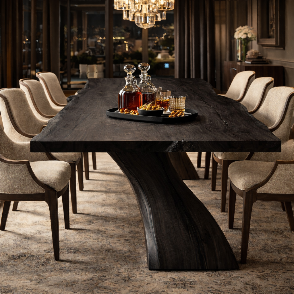 Live Edge Solid Wood Dining Table with Curved Base