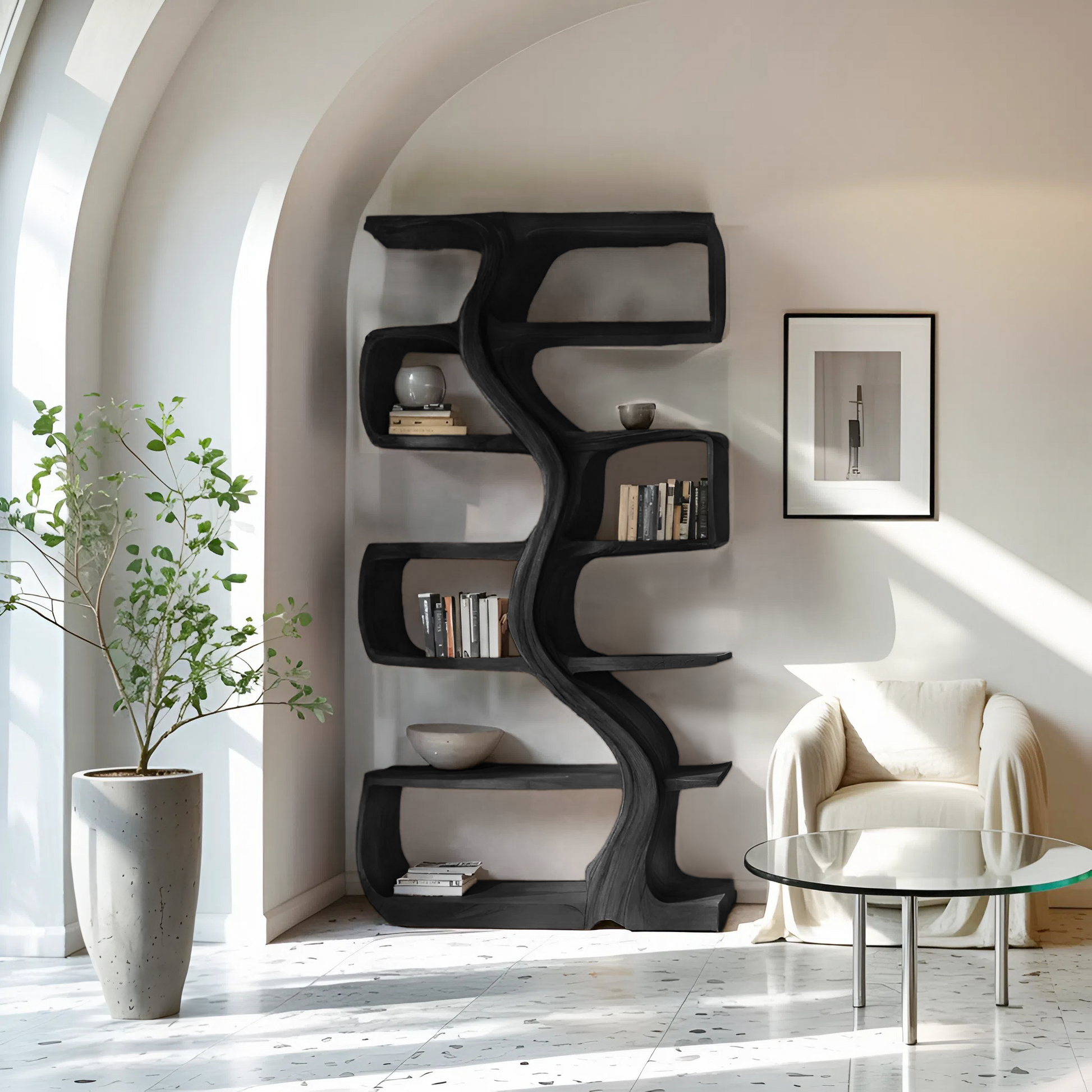 Organic Sculptural Bookshelf With Wavy Design For Living Room Kitchnce