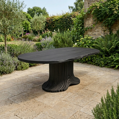 Solid Wood Outdoor Dining Table Oval Live Edge with Sculptural Fluted Pedestal