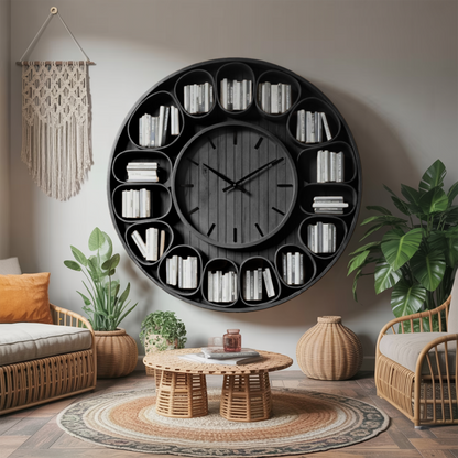 Contemporary Round Wall Bookshelf With Clock For Living Room And Home Office Kitchnce