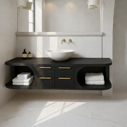 Floating Solid Wood Bathroom Vanity with Drawers and Open Shelves for Contemporary Bathrooms Kitchnce