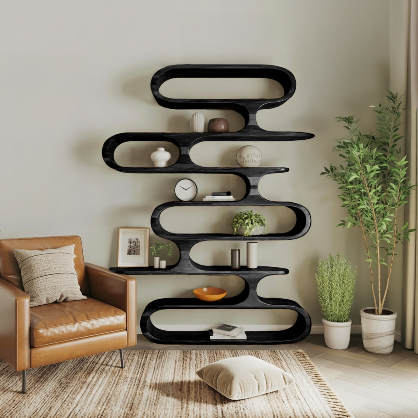 Mid Century Modern Wall Shelf With Flowing Shape For Living Room And Office Kitchnce