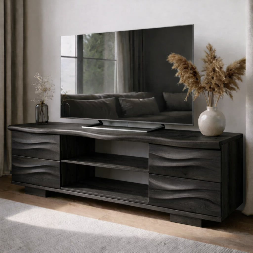 Solid Wood TV Stand with Drawers and Open Shelves for Natural Style Interiors Kitchnce