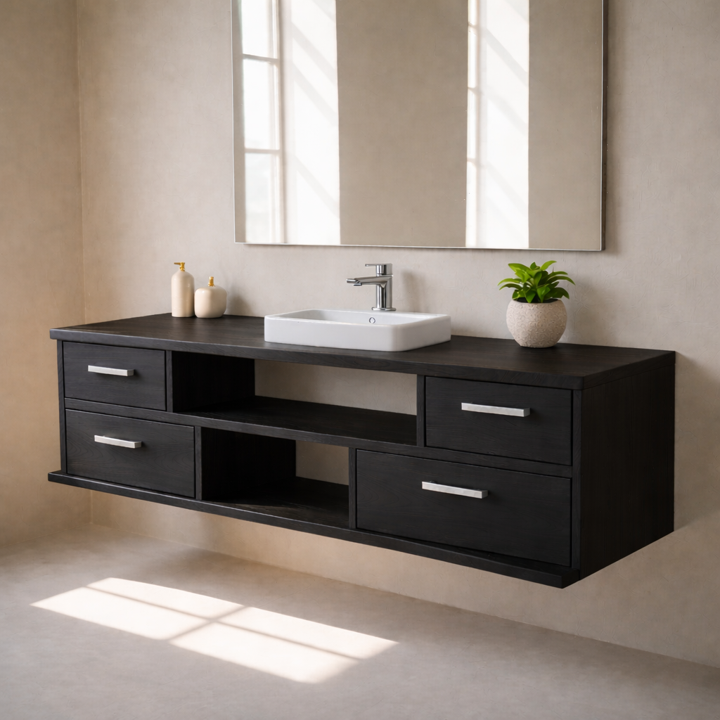 Floating Solid Wood Bathroom Vanity with Drawers and Open Shelf for Modern Bathrooms Kitchnce