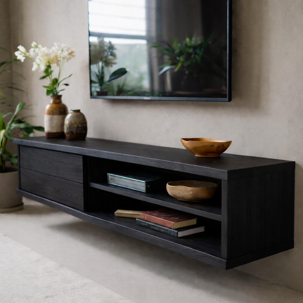 Floating Solid Wood TV Stand with Drawer and Open Shelves for Modern Living Rooms Kitchnce