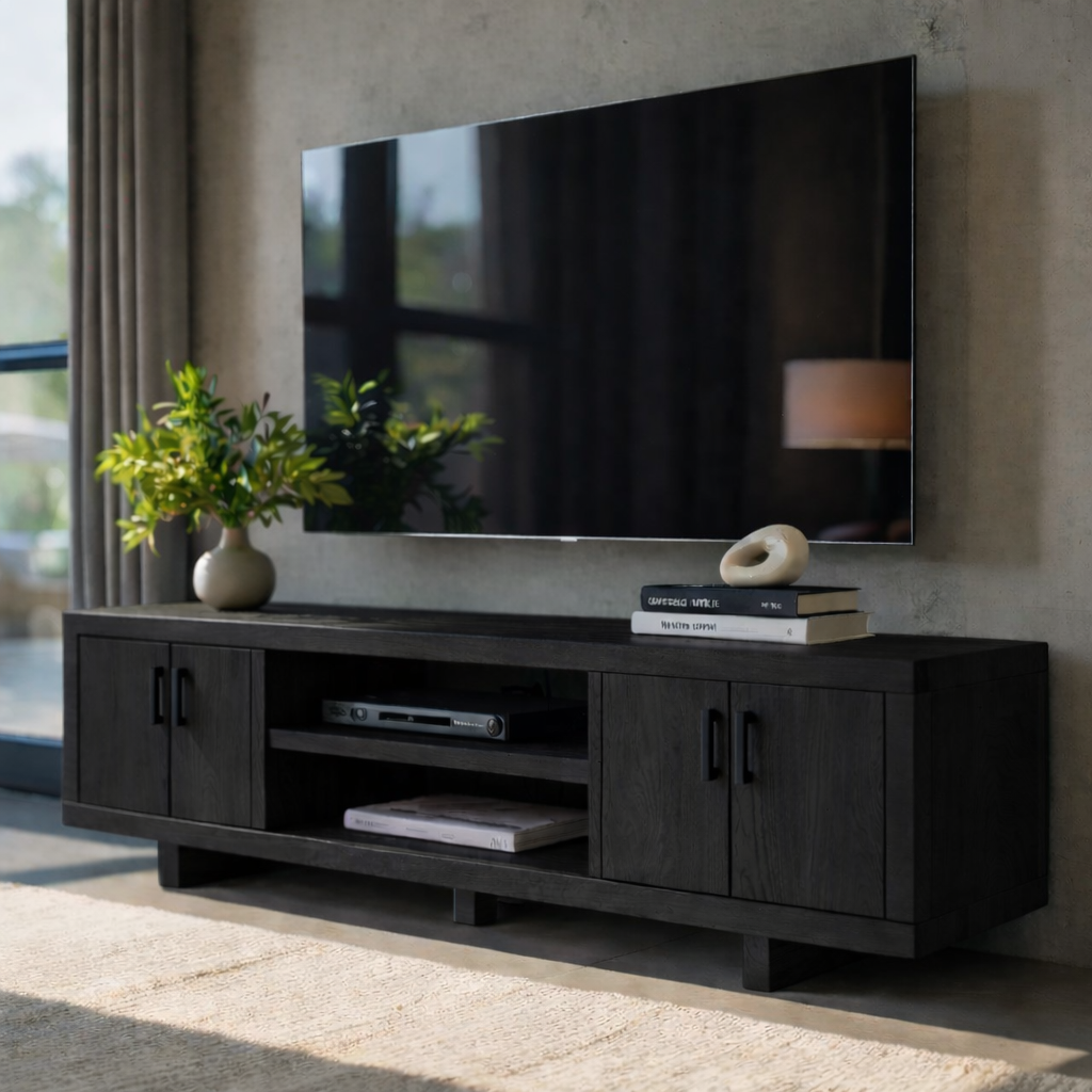 Modern Solid Wood TV Stand with Storage Cabinets and Open Media Shelf Kitchnce