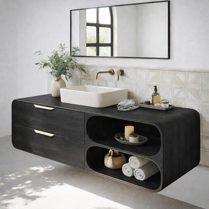 Floating Solid Wood Bathroom Vanity with Drawers and Open Curved Shelves for Modern Bathrooms Kitchnce