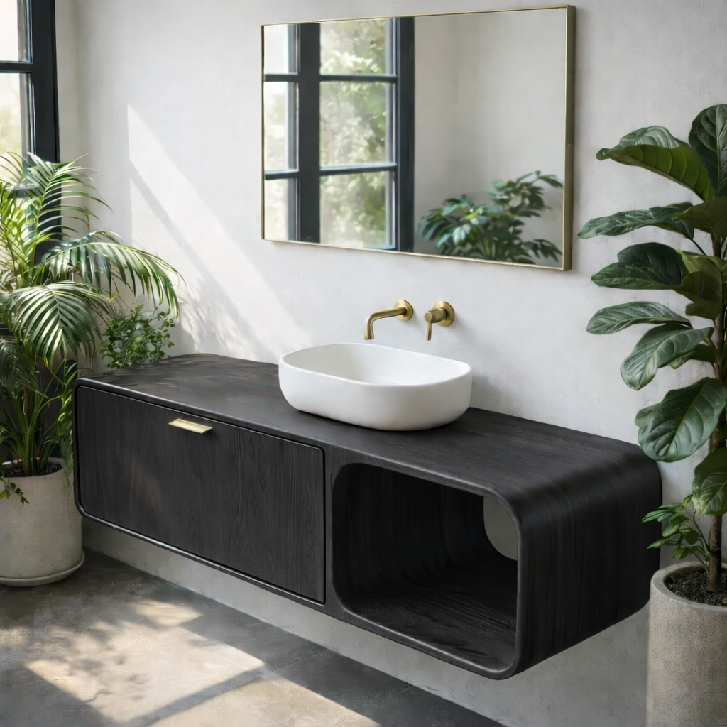 Contemporary Solid Wood Floating Bathroom Vanity with Open Side Shelf Kitchnce