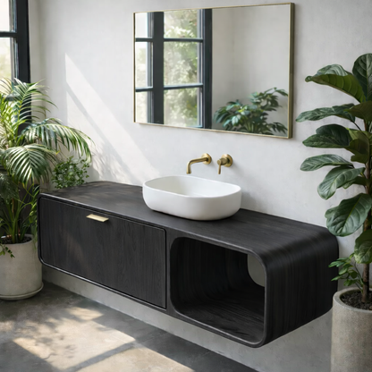 Contemporary Solid Wood Floating Bathroom Vanity with Open Side Shelf Kitchnce