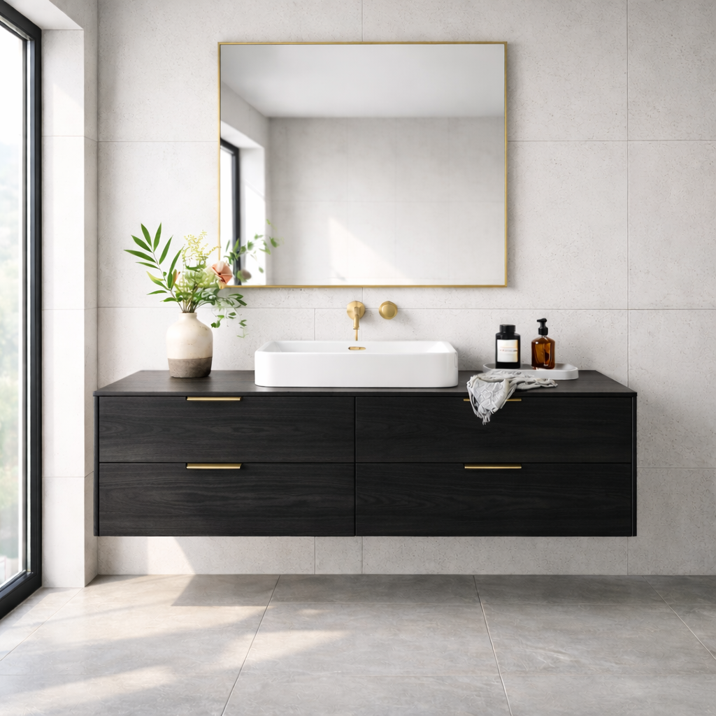 Modern Solid Wood Floating Bathroom Vanity with Four Storage Drawers Kitchnce