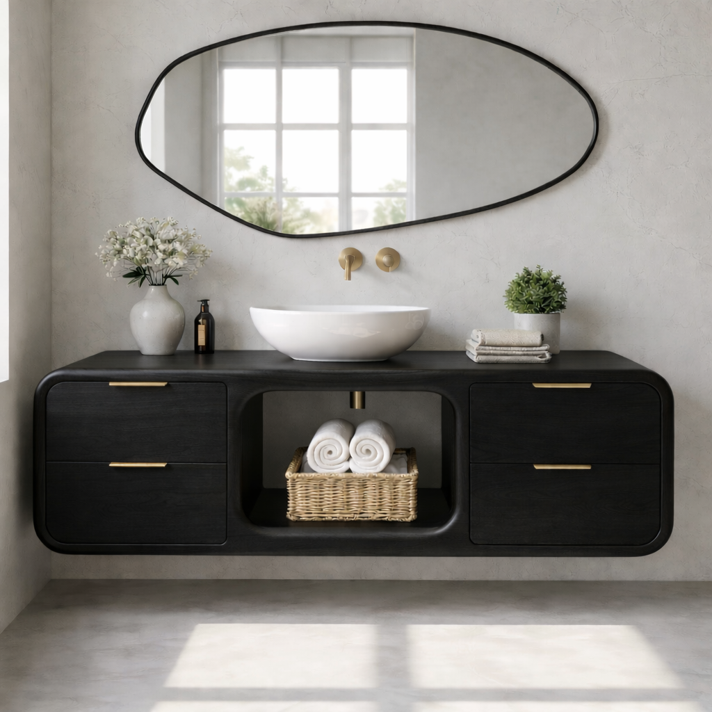Modern Floating Solid Wood Bathroom Vanity with Open Center Shelf and Drawer Storage Kitchnce