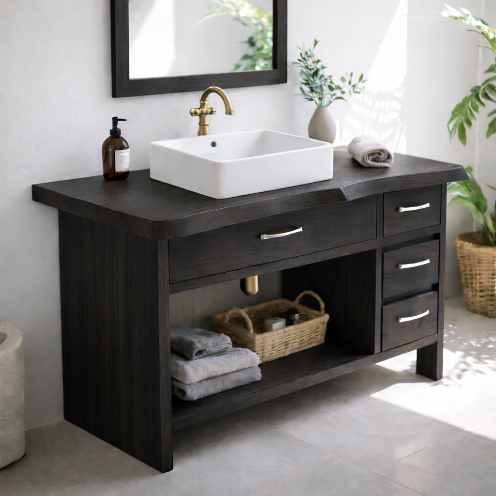 Modern Solid Wood Bathroom Vanity with Multiple Drawers and Open Storage Shelf Kitchnce