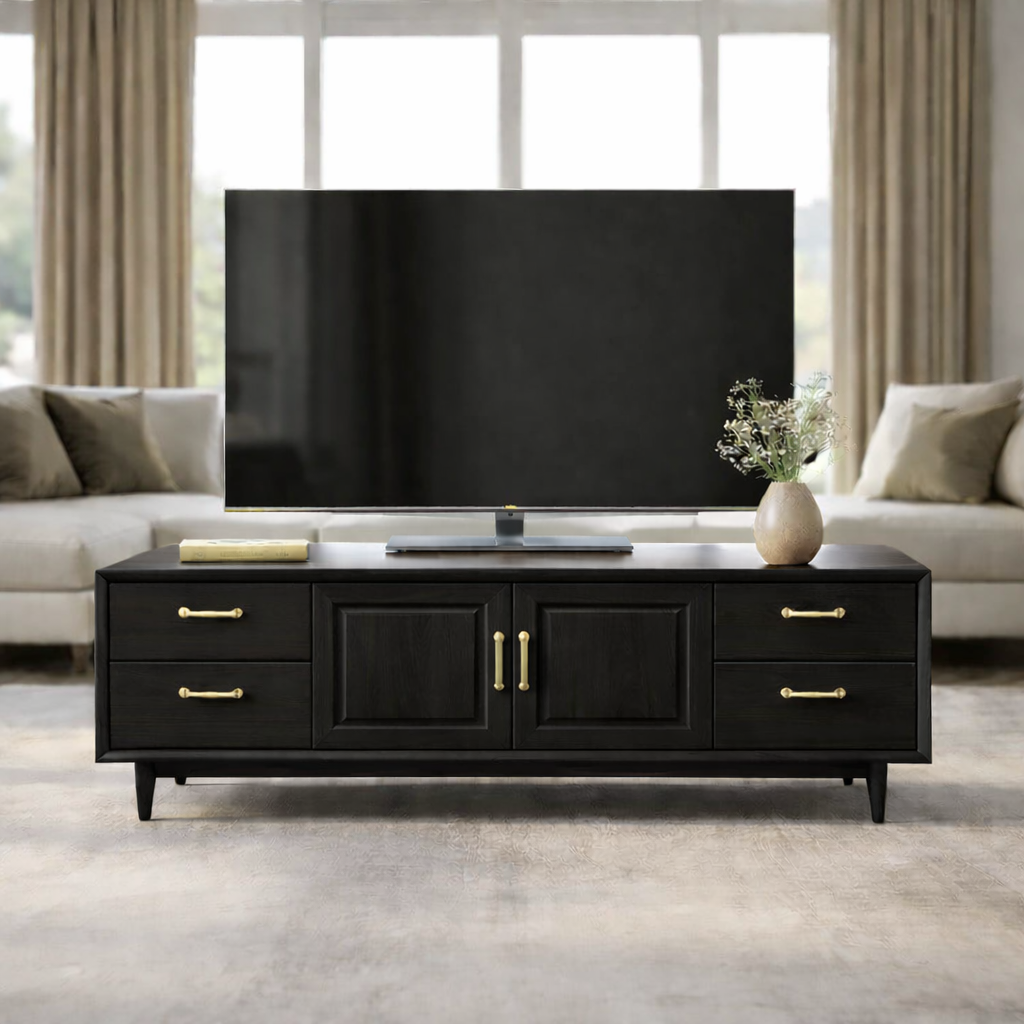 Mid-Century Solid Wood TV Stand with Drawers and Cabinet Storage Kitchnce