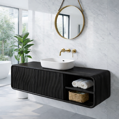 Modern Floating Solid Wood Bathroom Vanity with Wave Grain Cabinet Doors Kitchnce