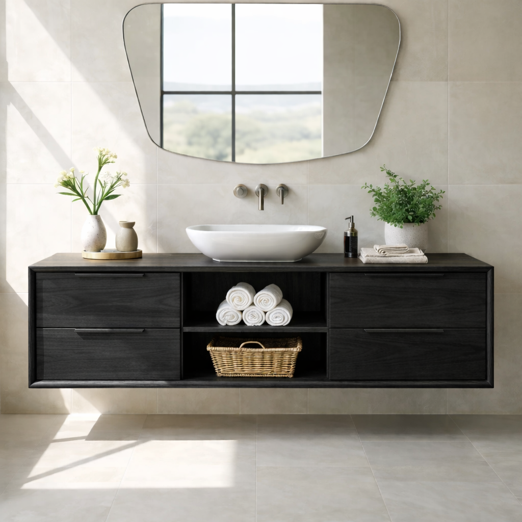 Modern Floating Oak Bathroom Vanity with Open Shelf and Double Drawer Storage Kitchnce