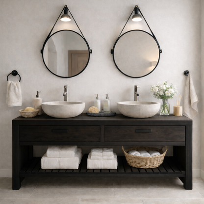 Scandinavian Solid Wood Double Sink Bathroom Vanity with Dual Drawers and Slatted Open Shelf