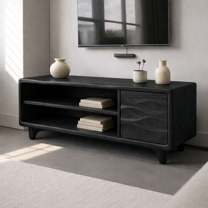 Modern Solid Wood TV Stand with Open Shelves and Wave Grain Cabinet Door Kitchnce