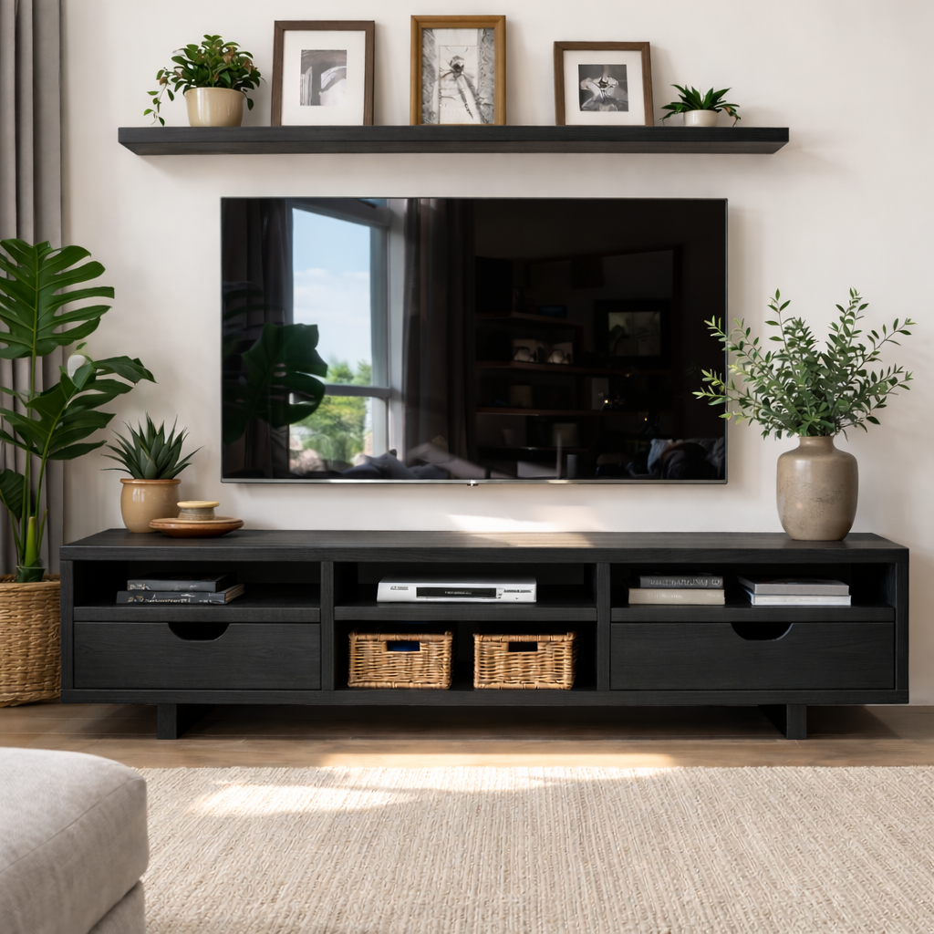 Modern Solid Wood TV Stand with Open Storage and Minimalist Drawers