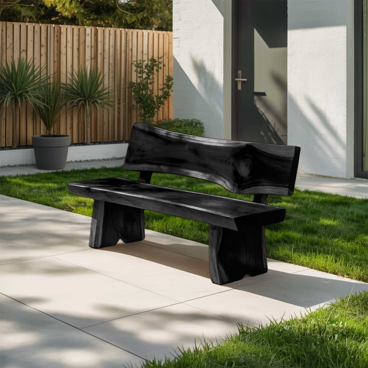 Contemporary Outdoor Wood Bench With Sculpted Back For Patio Or Courtyard Kitchnce