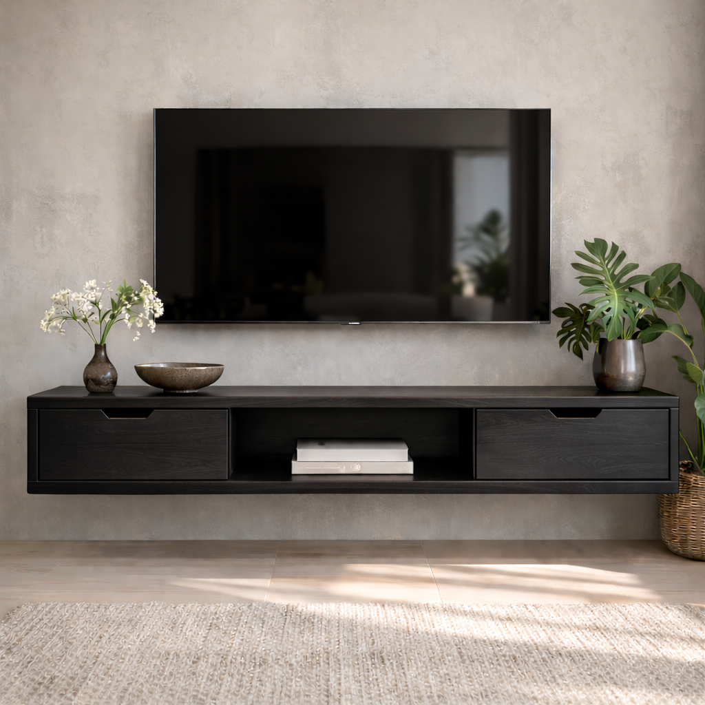 Floating Walnut Wood TV Stand with Drawers and Open Media Shelf Kitchnce