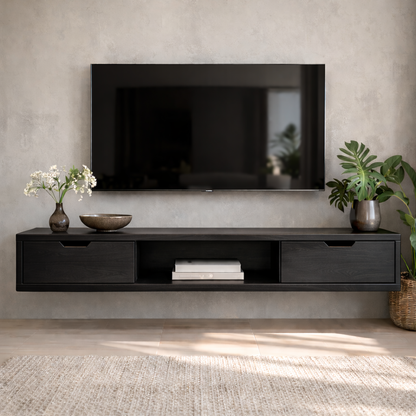 Floating Walnut Wood TV Stand with Drawers and Open Media Shelf Kitchnce