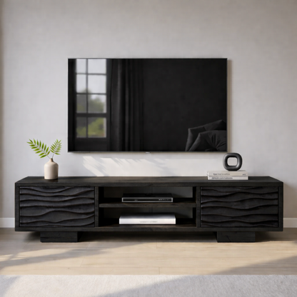 Modern Solid Wood TV Stand with Wave Front Drawers and Open Media Shelf Kitchnce
