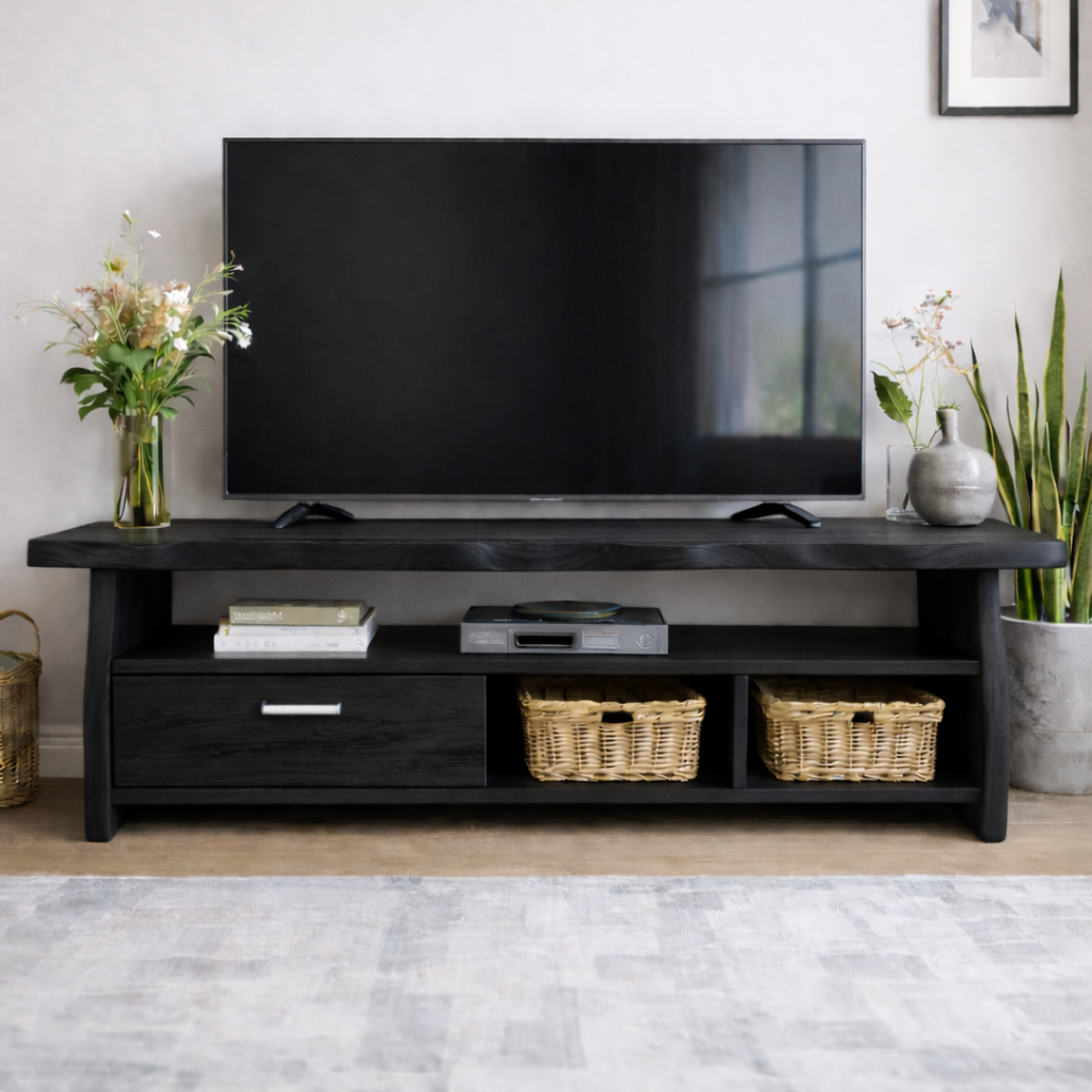 Mid-Century Solid Wood TV Stand with Drawer and Open Storage Shelves Kitchnce