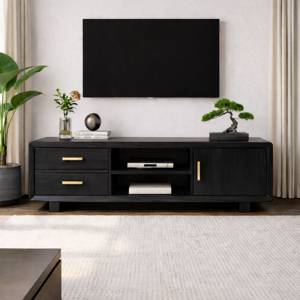 Modern Soild Wood TV Stand with Drawers, Cabinet Door, and Open Media Shelves Kitchnce