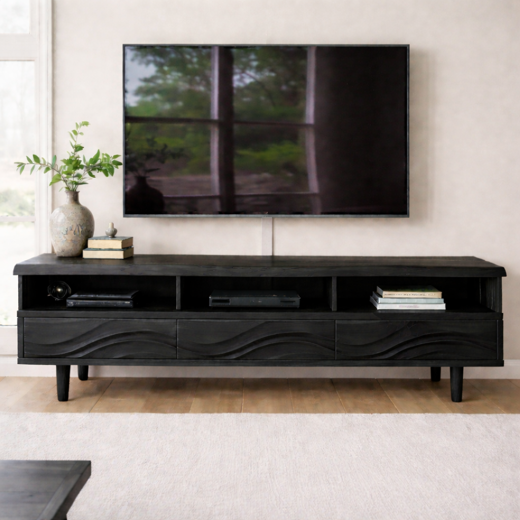 Modern Solid Wood TV Stand with Wave Drawer Fronts and Open Media Shelves Kitchnce