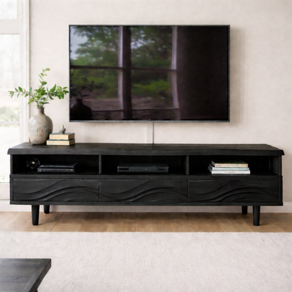 Modern Solid Wood TV Stand with Wave Drawer Fronts and Open Media Shelves Kitchnce