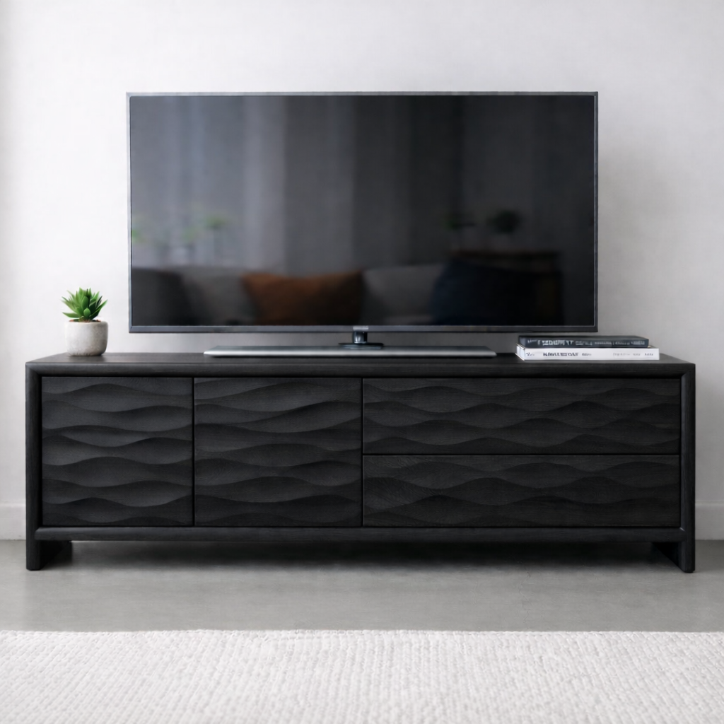 Modern Soild Wood TV Stand with Textured Wave Cabinet Doors and Storage Drawers Kitchnce