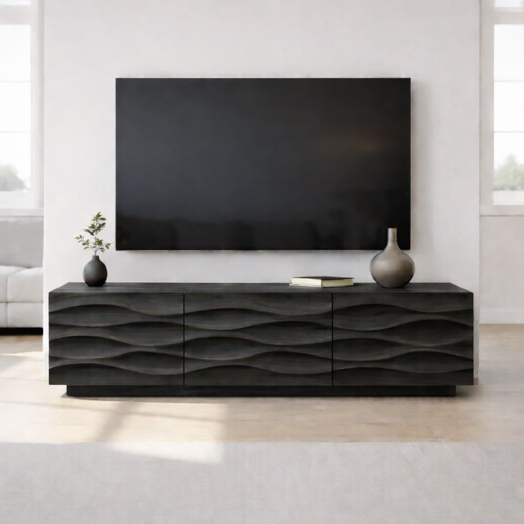 Modern Solid Wood TV Stand with Wave Front Design, Walnut Finish Media Console Cabinet Kitchnce