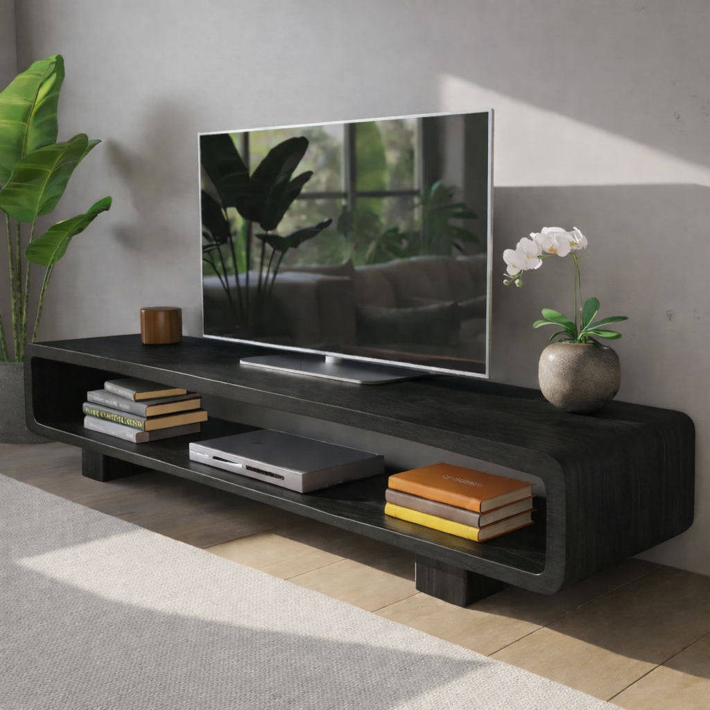 Modern Solid Oak TV Stand with Open Shelf Storage, Minimalist Wooden Media Console Kitchnce