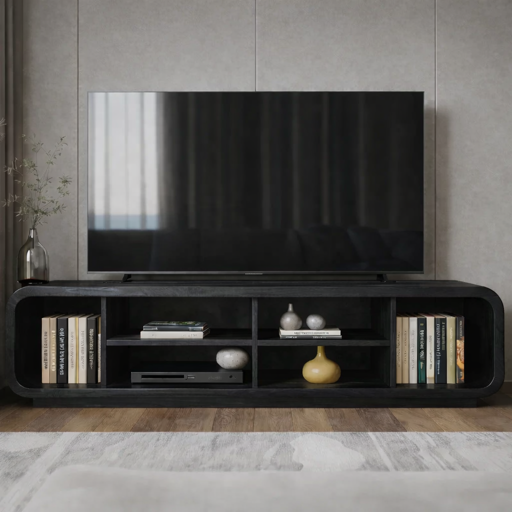 Modern Solid Wood TV Stand with Open Shelf Storage, Walnut Media Console for Living Room Kitchnce
