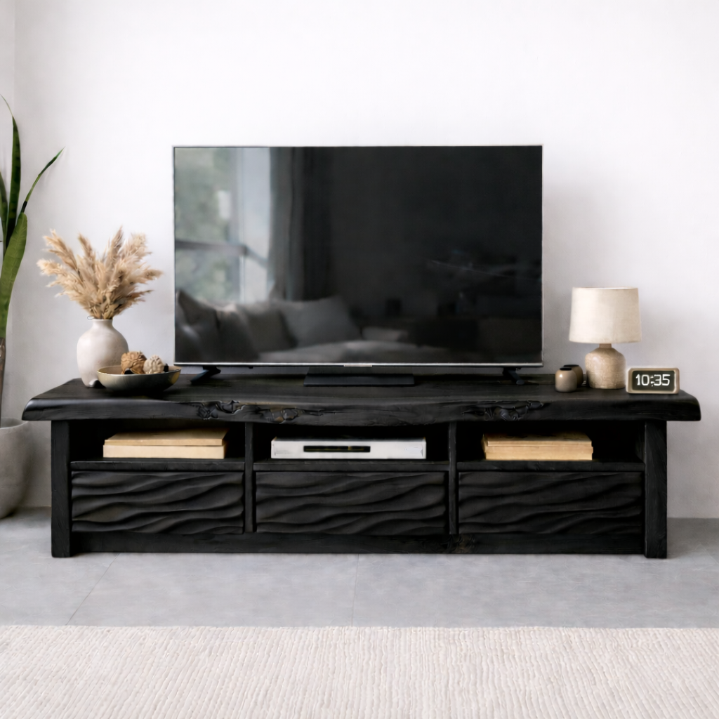 Natural Solid Oak TV Stand with Wavy Drawer Fronts, Rustic Media Console for Living Room
