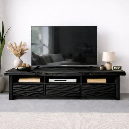 Natural Solid Oak TV Stand with Wavy Drawer Fronts, Rustic Media Console for Living Room Kitchnce