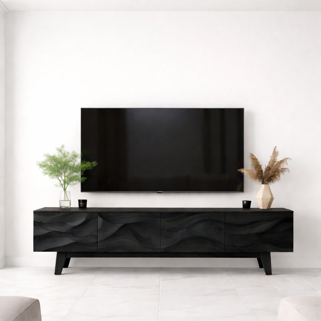 Wave Pattern Solid Wood TV Stand with Storage, Modern Media Console for Living Room Kitchnce