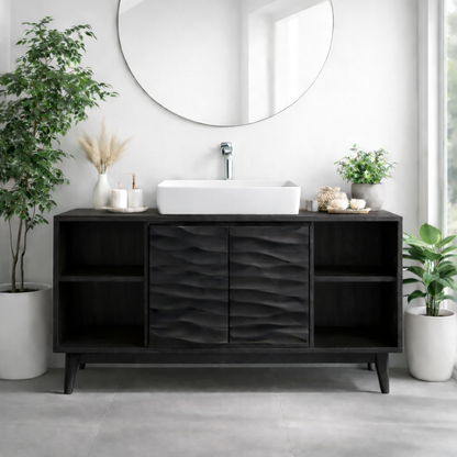 Mid-Century Solid Wood Bathroom Vanity with Textured Cabinet Doors and Open Shelving