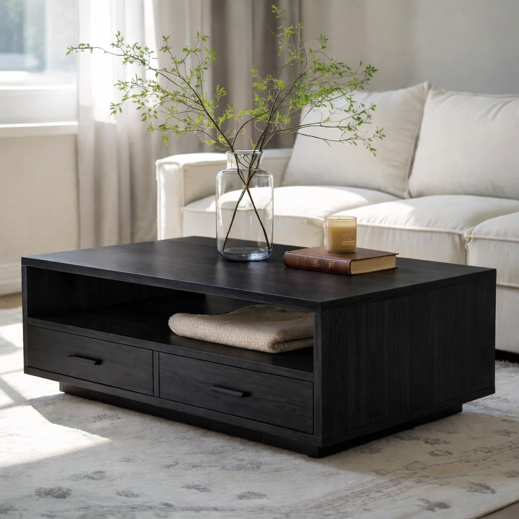 Solid Wood Coffee Table with Storage Drawers, Modern Design for Living Room
