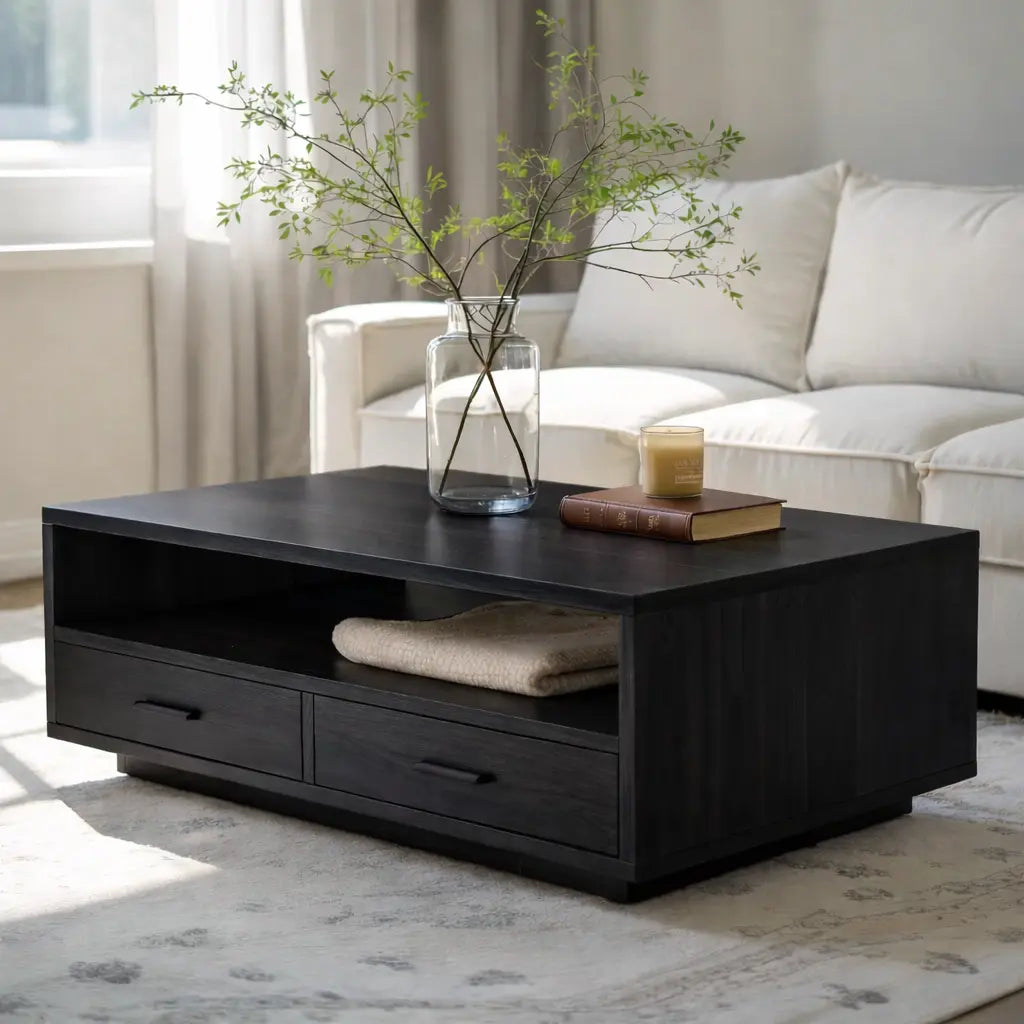 Solid Wood Coffee Table with Storage Drawers, Modern Design for Living Room Kitchnce